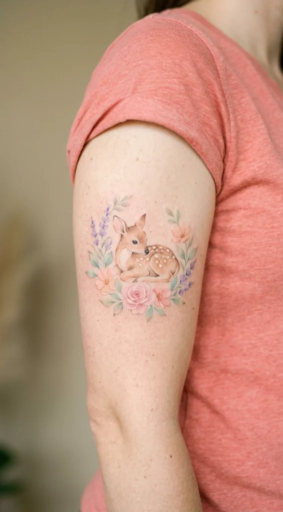 Watercolor Fawn with Soft Pastel Flowers