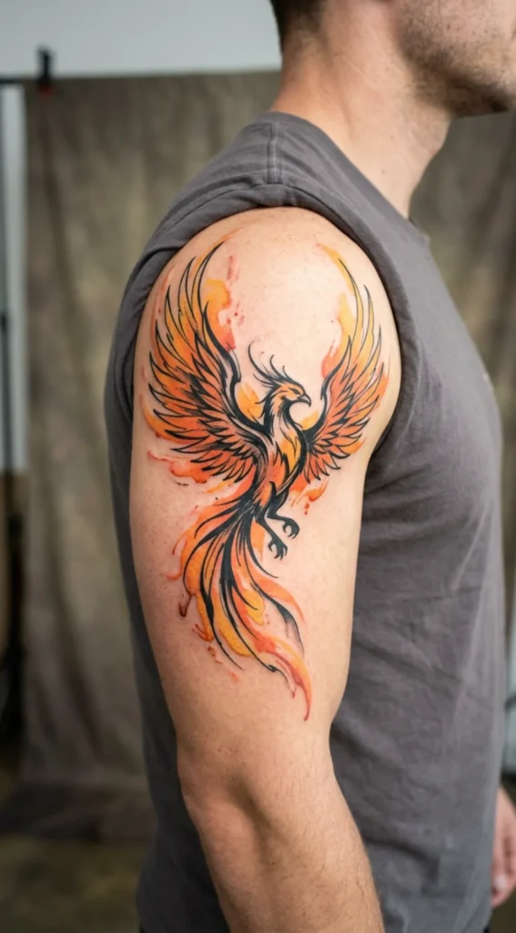 Watercolor Phoenix with Fiery Wings