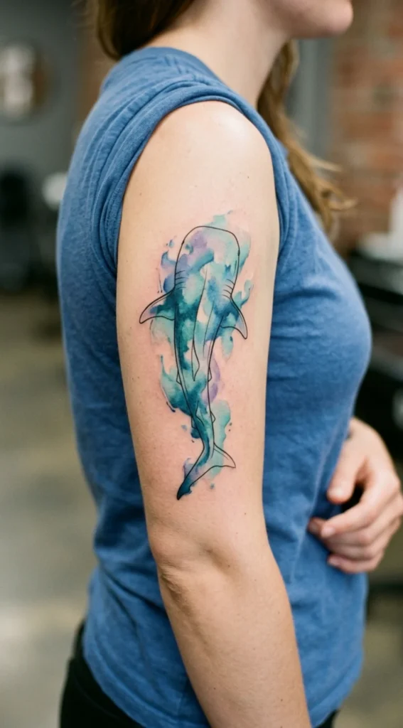 Watercolor Whale Shark with Ocean Blues