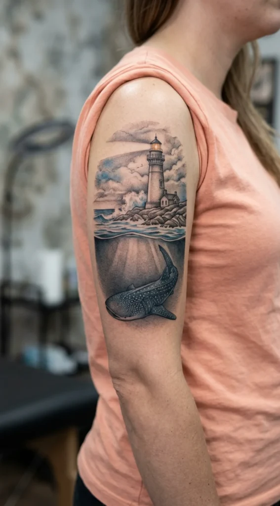 Whale Shark Paired with a Lighthouse Scene