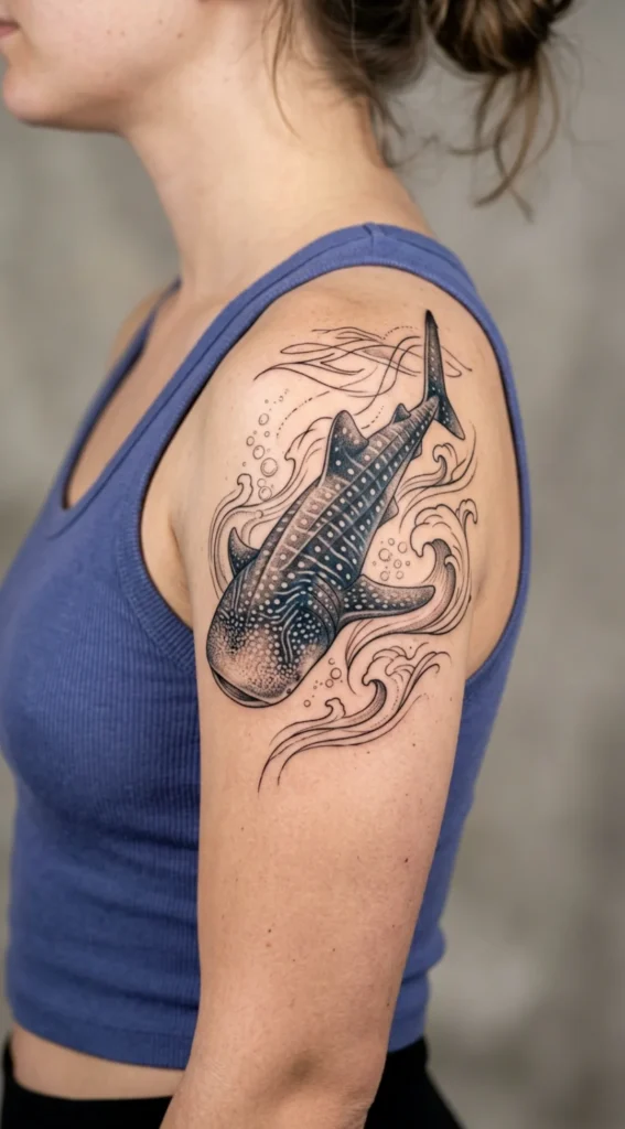 Whale Shark Shoulder Tattoo with Ocean Elements