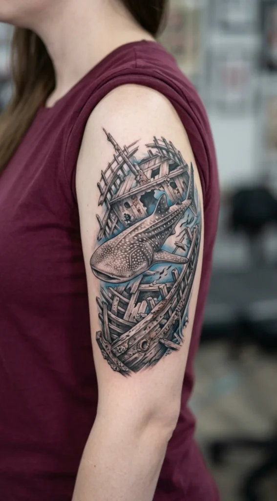 Whale Shark Swimming Through a Shipwreck