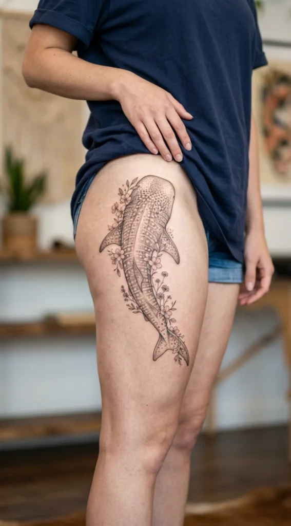 Whale Shark Tattoo with Floral Details