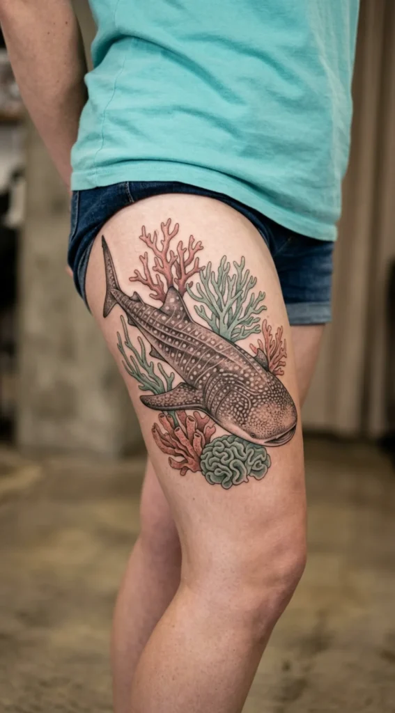 Whale Shark Thigh Tattoo with Coral Details