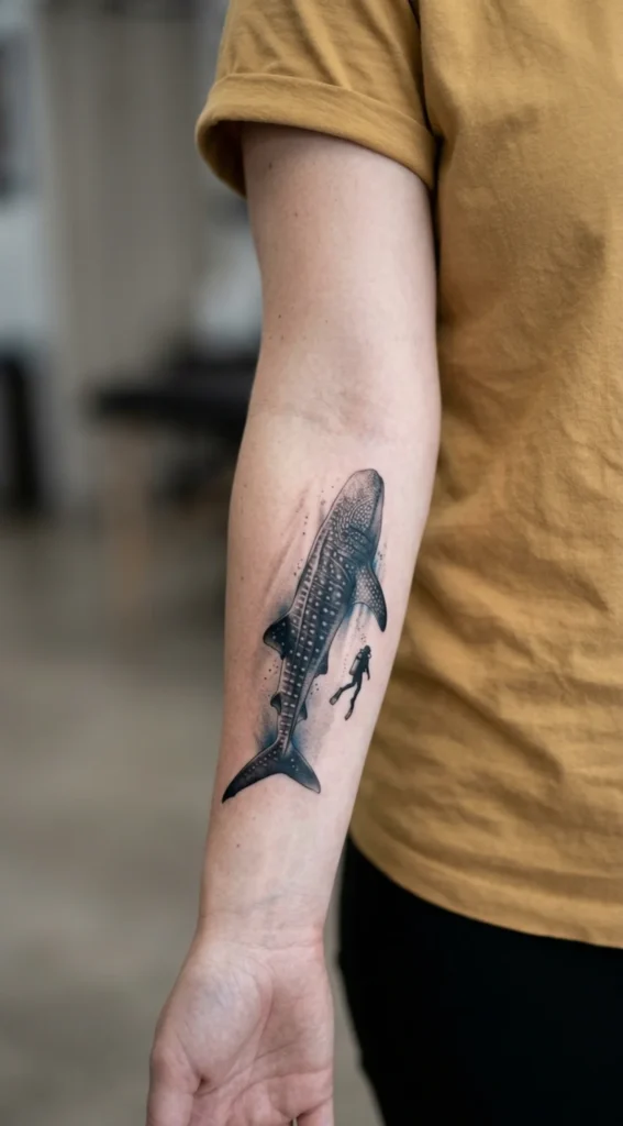 Whale Shark and Scuba Diver Adventure Tattoo
