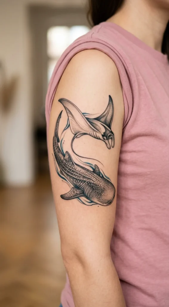 Whale Shark with Graceful Manta Ray