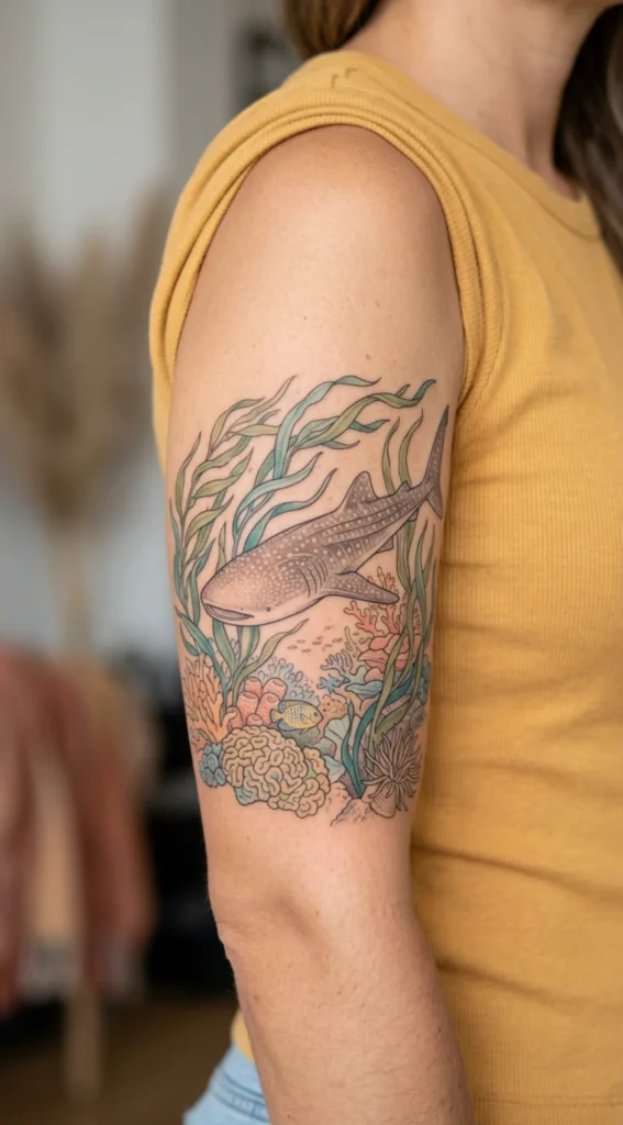 Whale Shark with Seaweed and Coral Garden