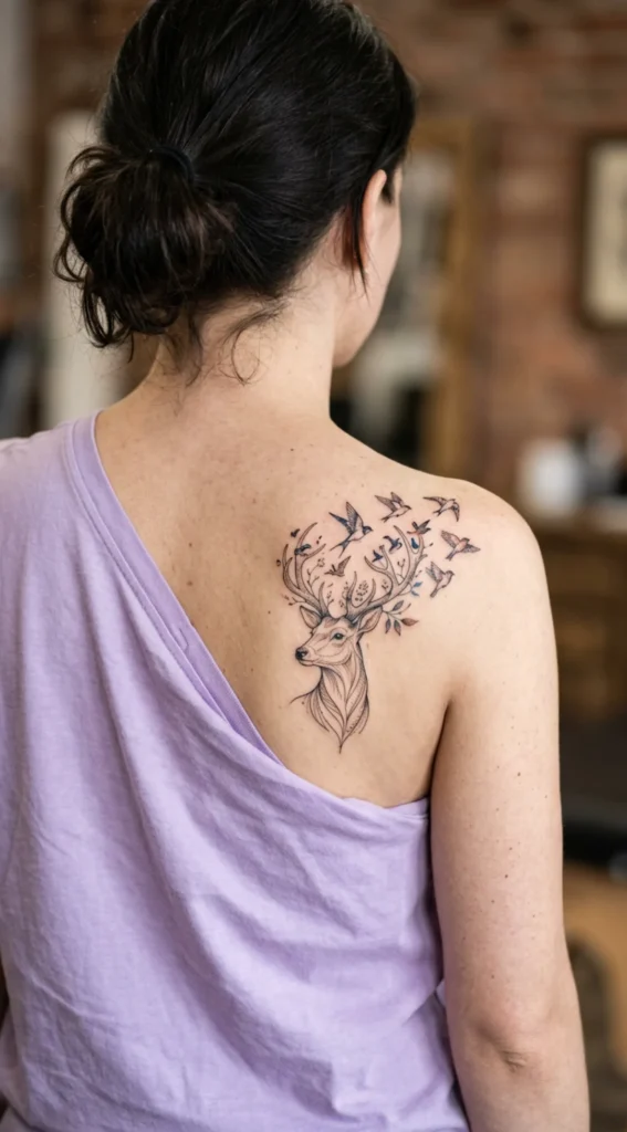 Whimsical Deer with Birds in Flight