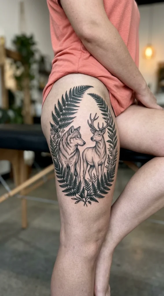 Wolf and Deer Framed by Ferns