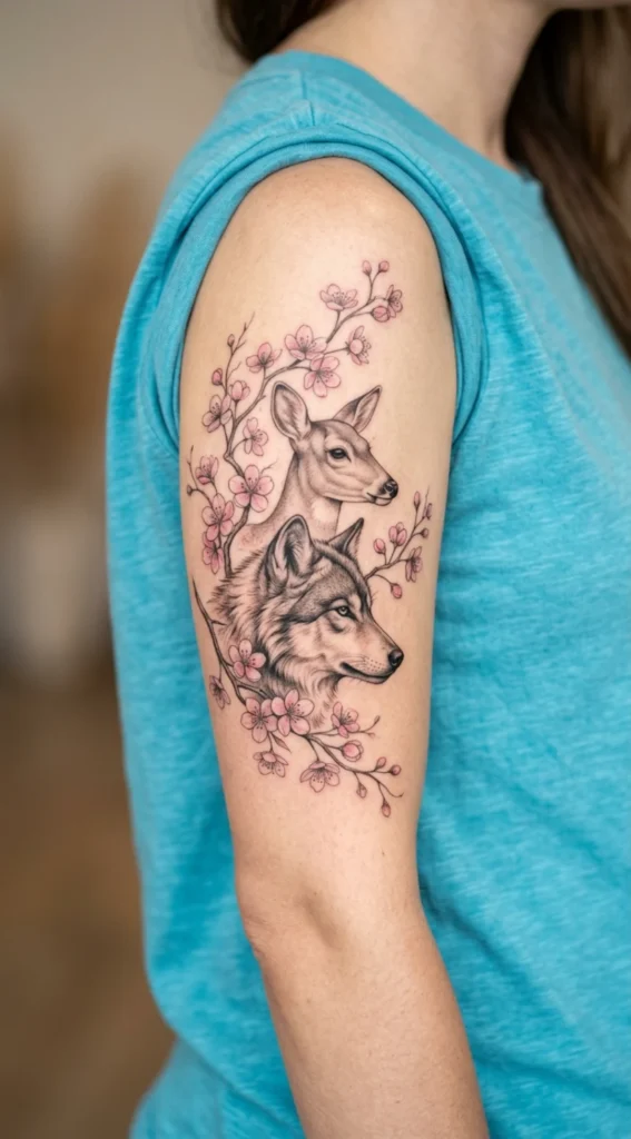Wolf and Deer with Cherry Blossoms