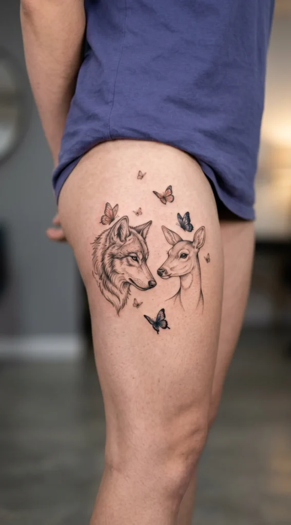 Wolf and Doe with Butterfly Accents