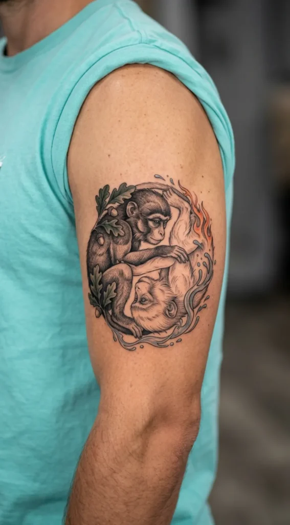 Yin Yang Monkey Tattoo with Nature Elements