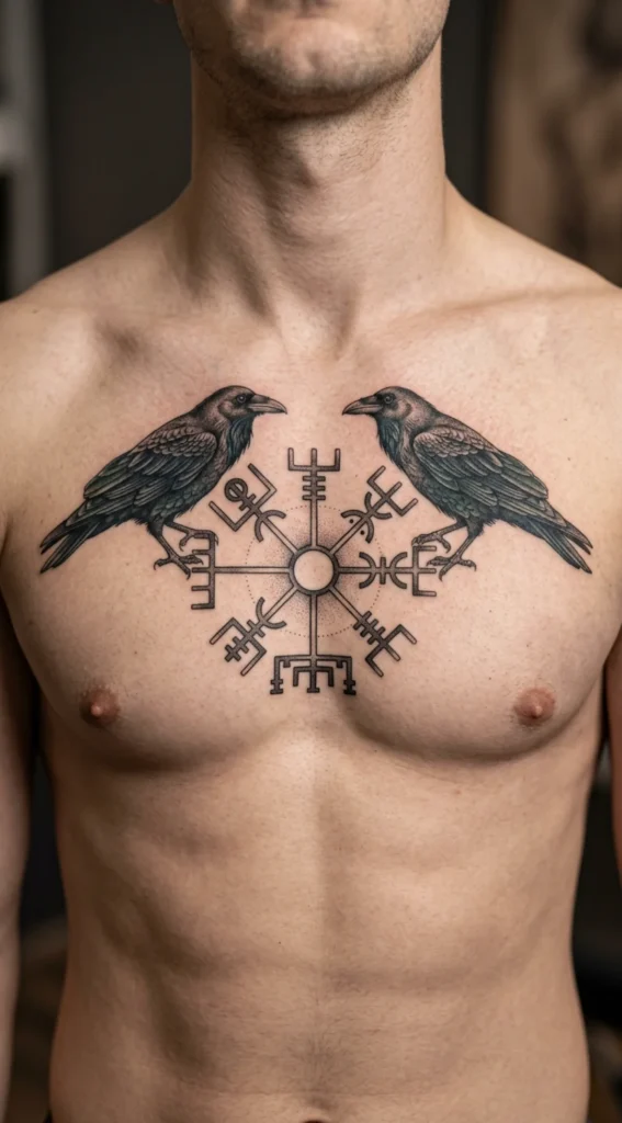 Vegvisir and Odin's Ravens Tattoo