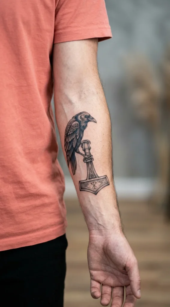 Raven and Mjölnir (Thor's Hammer) Tattoo