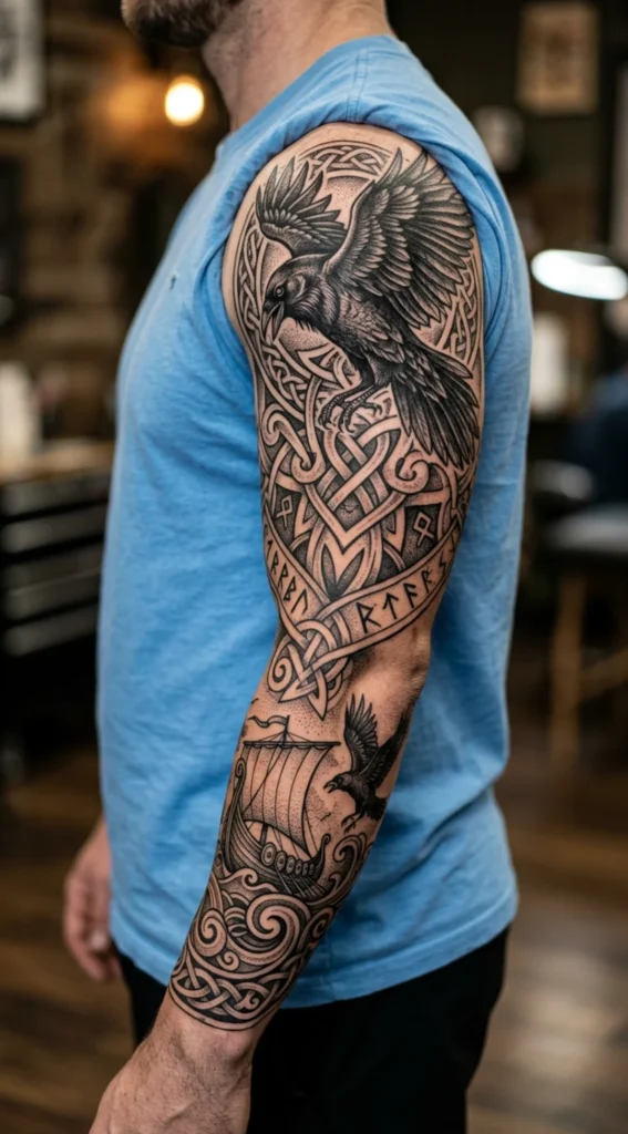Blackwork Viking Raven Sleeve Tattoo