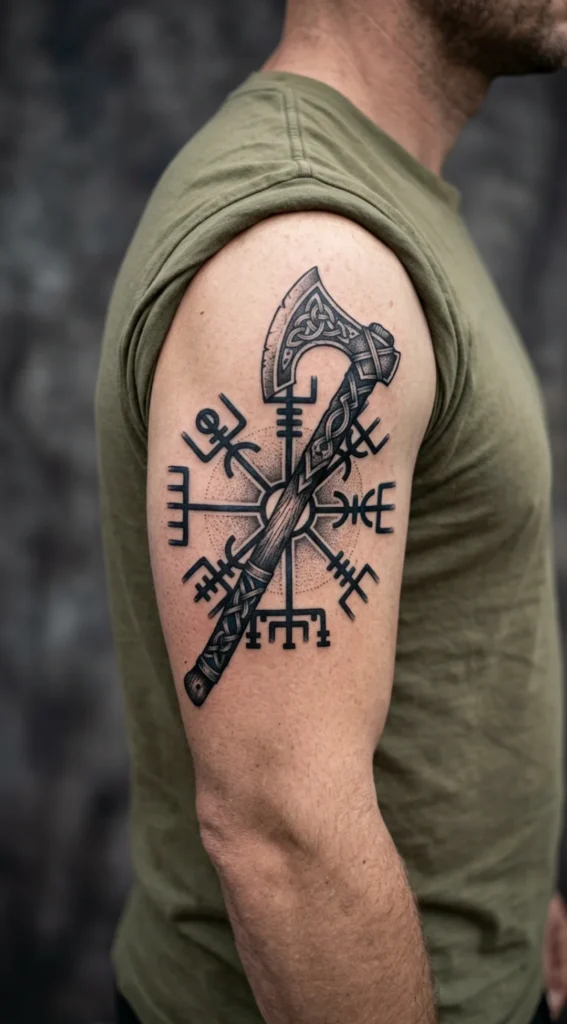 Compass with Viking Battle Axe Tattoo