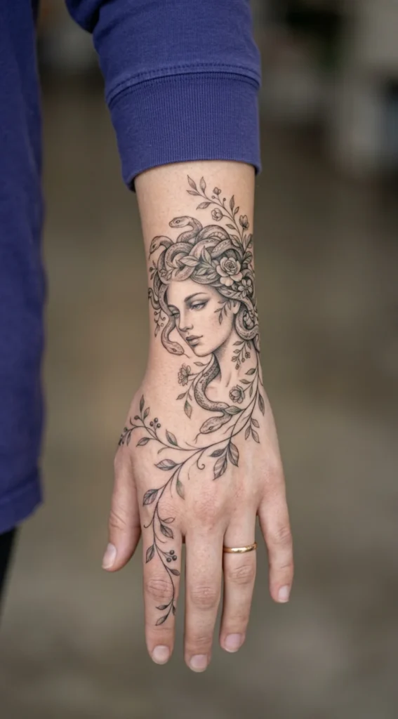Feminine Medusa Hand with Floral Vines