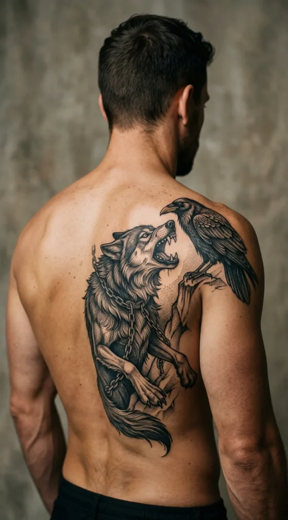 Fenrir Wolf with Raven Tattoo