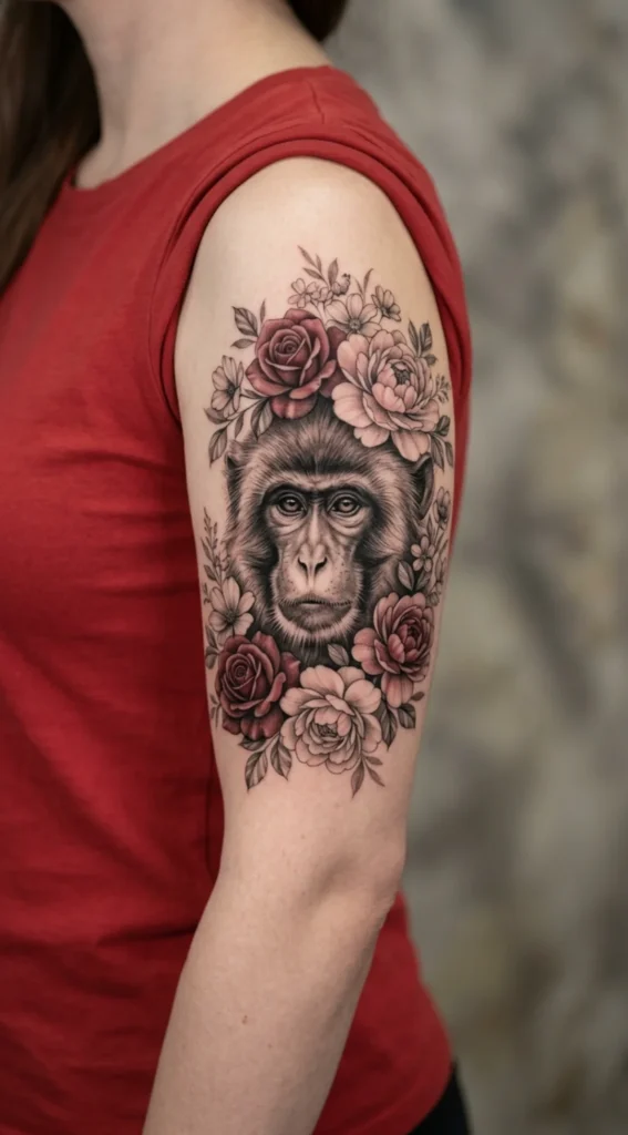Floral Monkey Portrait Tattoo