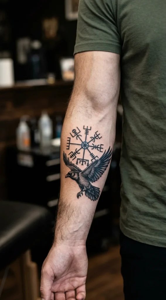 Flying Raven and Vegvisir Tattoo