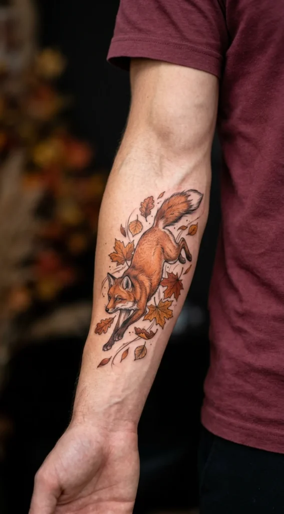 Fox Leaping Through Autumn Foliage