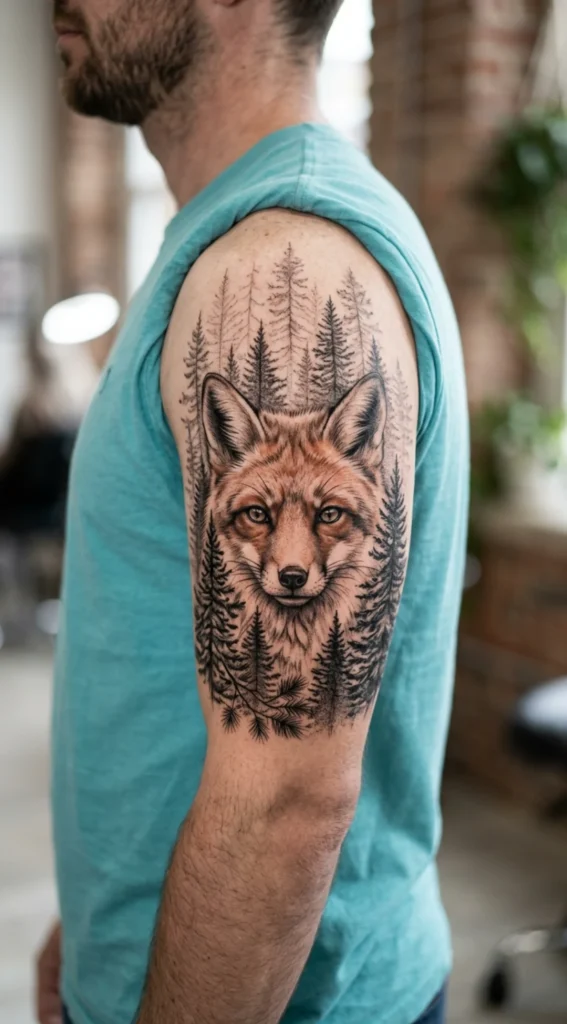 Fox Portrait with Pine Forest