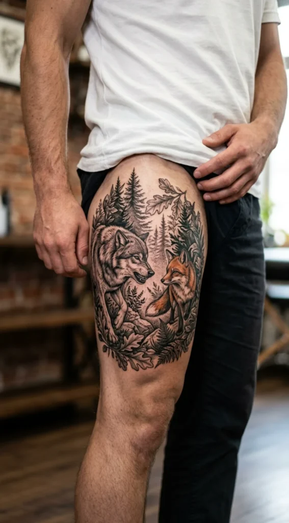 Fox and Wolf Woodland Scene