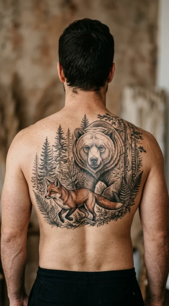 Fox with Bear and Trees