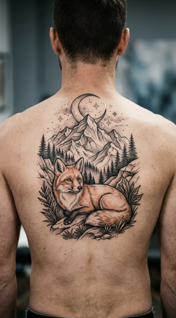 Fox with Mountain and Moon