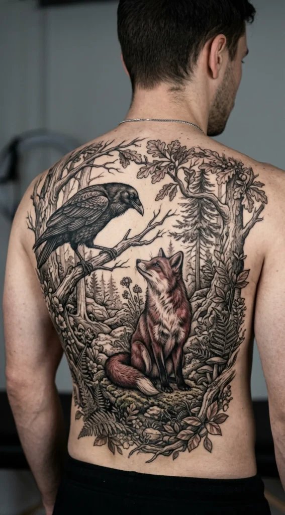 Fox with Raven and Woodland Scene