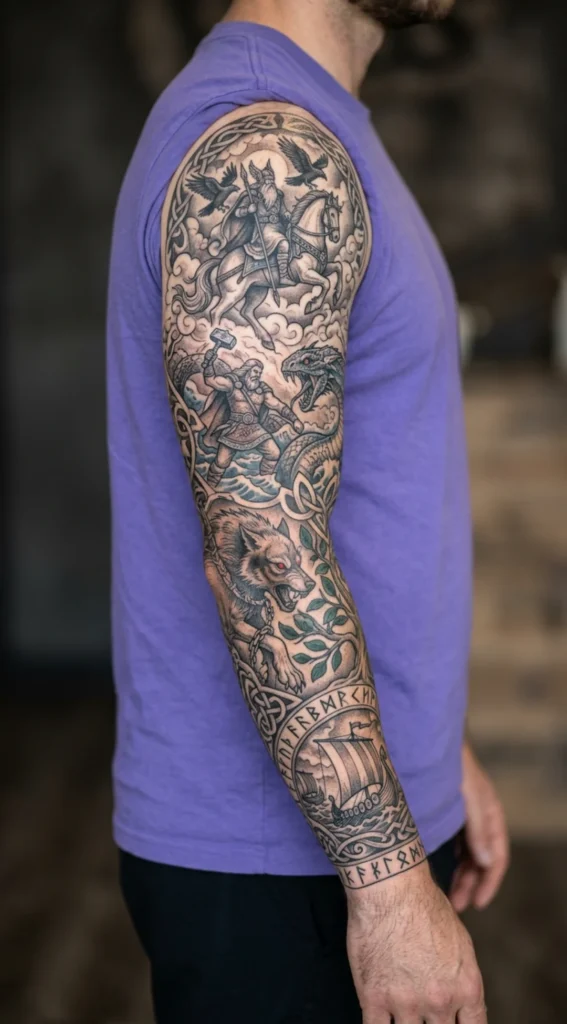 Full Norse Mythology Viking Sleeve Tattoo