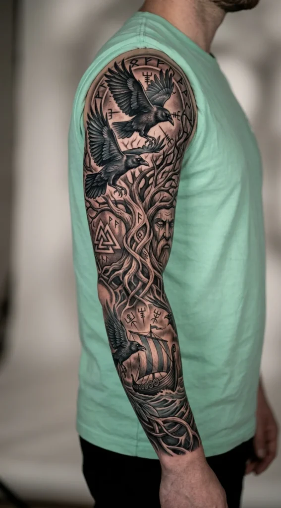 Full Sleeve Norse Mythology Raven Tattoo