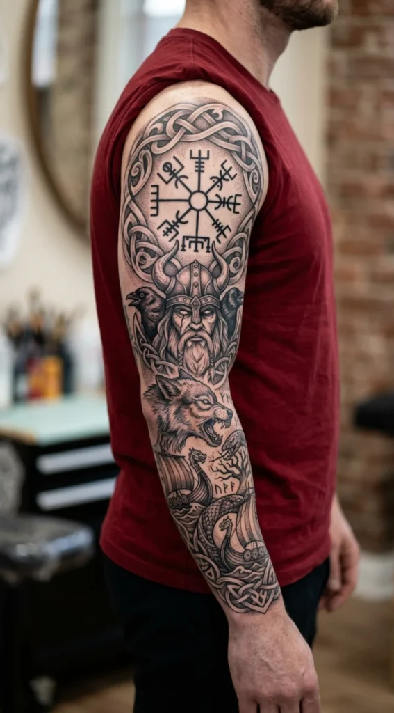 Full Sleeve Vegvisir Norse Mythology Tattoo