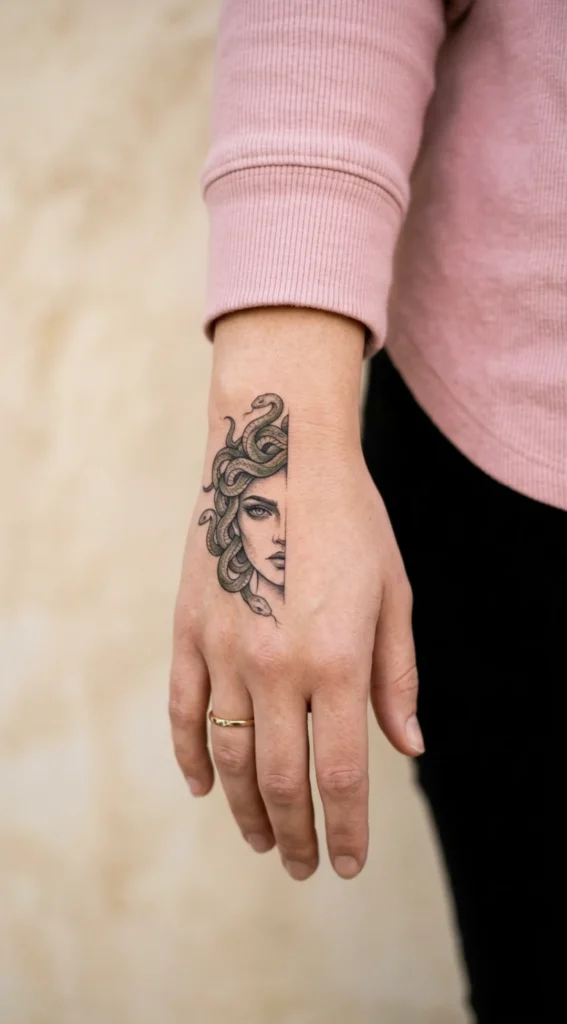 Half-Face Medusa Hand Tattoo