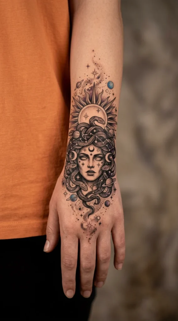 Medusa Hand with Celestial Symbols
