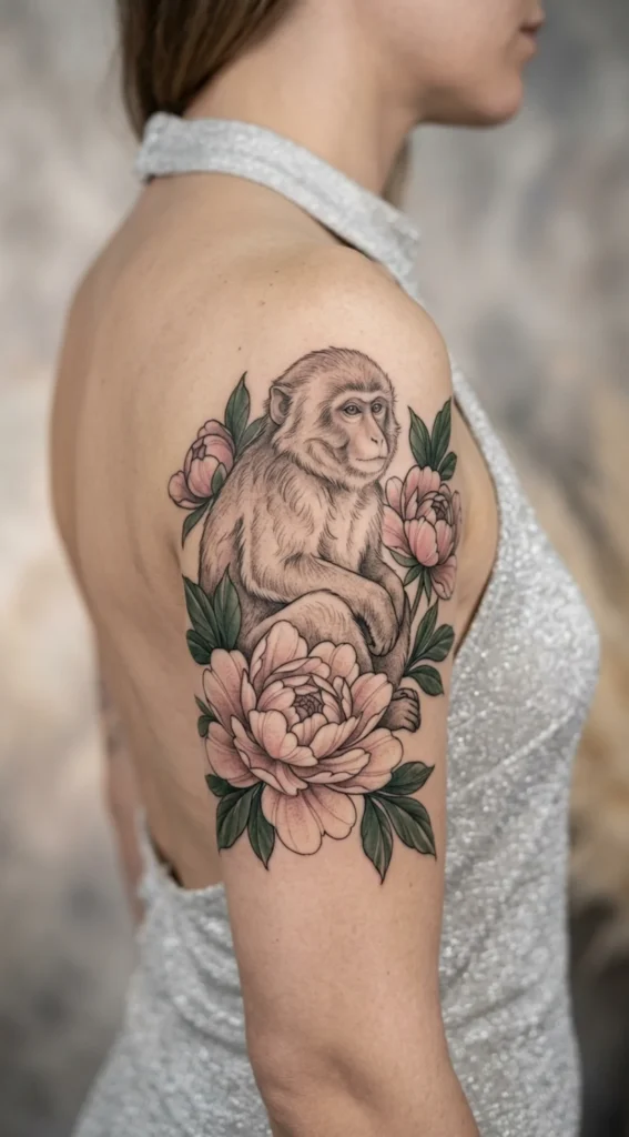 Monkey with Peony Flowers