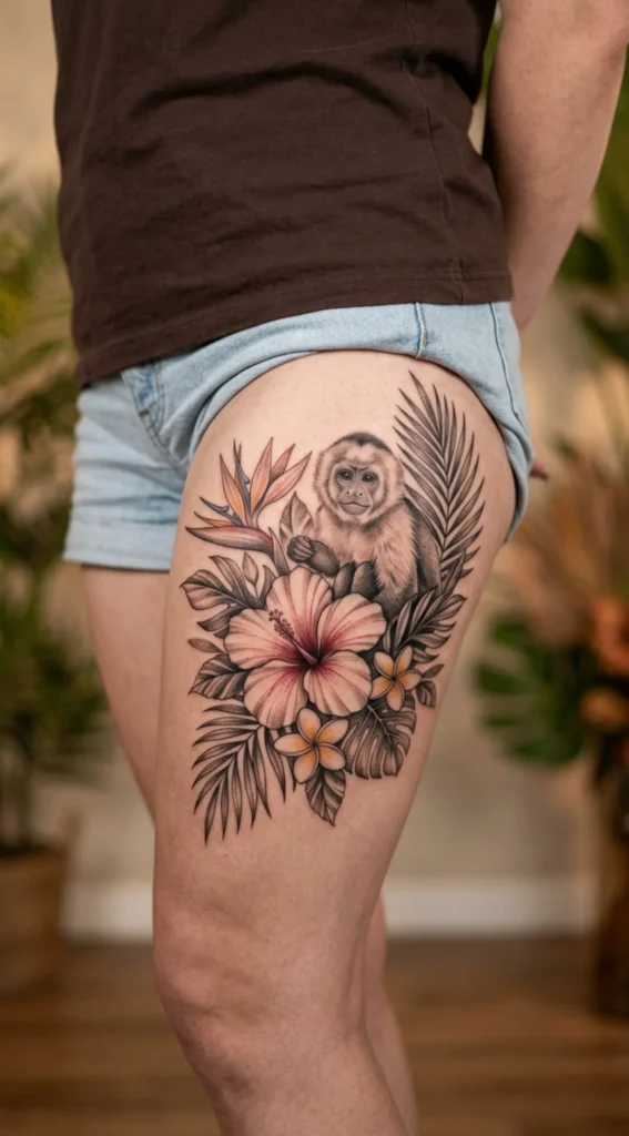 Monkey with Tropical Flowers