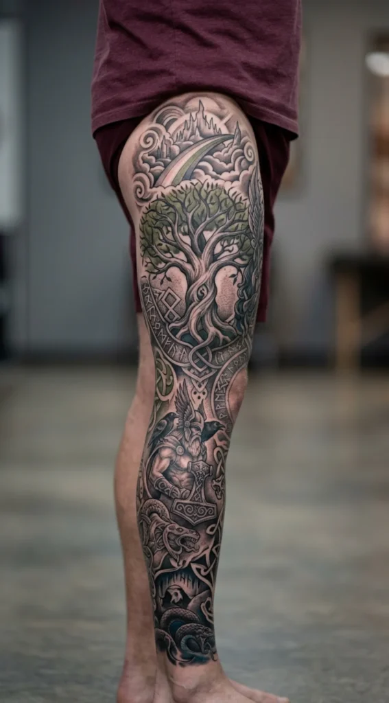 Norse Mythology Leg Sleeve Tattoo