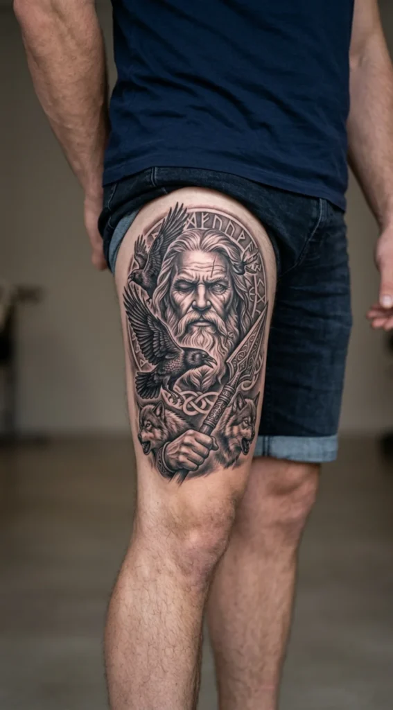 Odin Portrait with Twin Ravens Tattoo