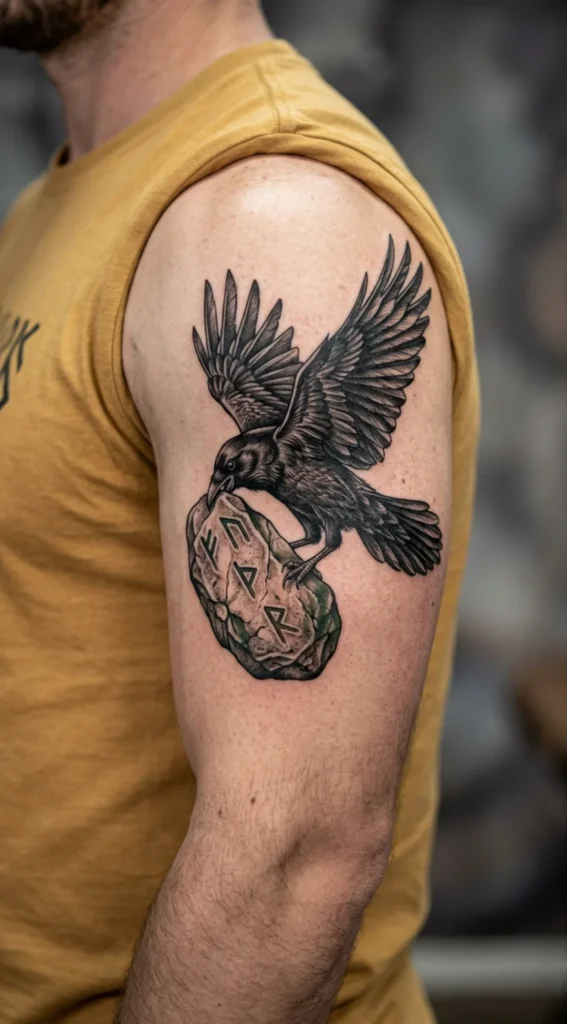 Raven Carrying a Rune Stone Tattoo