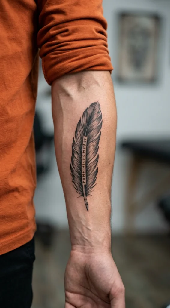 Raven Feather with Nordic Runes Tattoo