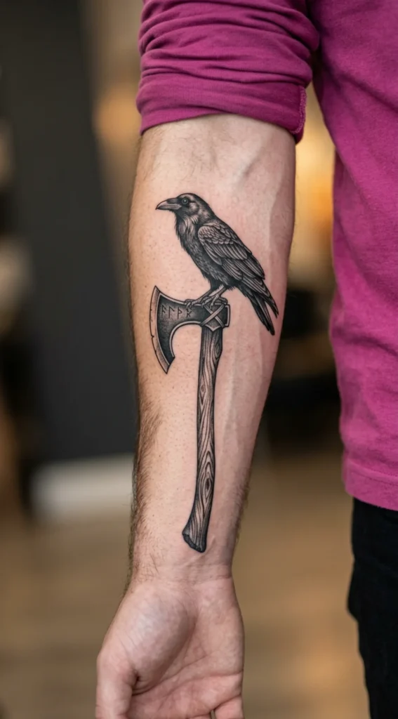 Raven Perched on Battle Axe Tattoo