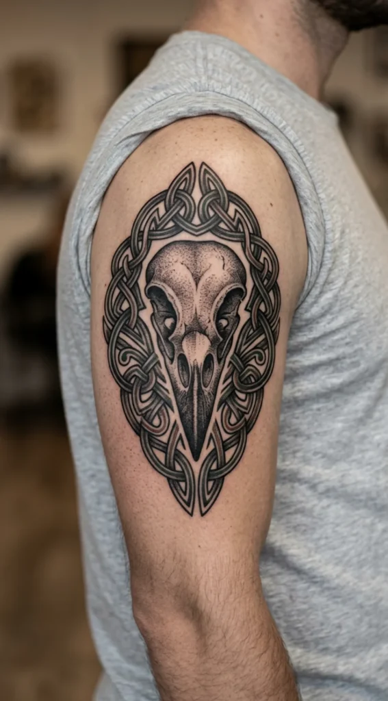 Raven Skull with Nordic Knotwork Tattoo
