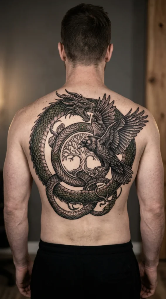 Raven and Jörmungandr Serpent Tattoo