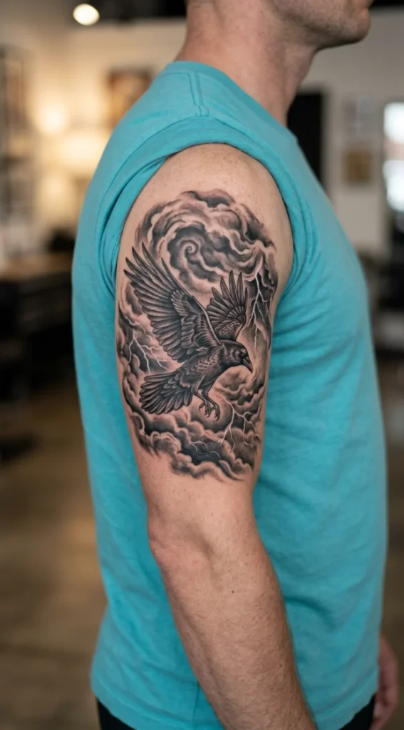 Raven in Storm Clouds Tattoo
