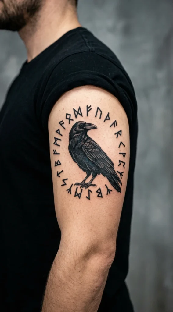 Raven with Elder Futhark Runes Tattoo