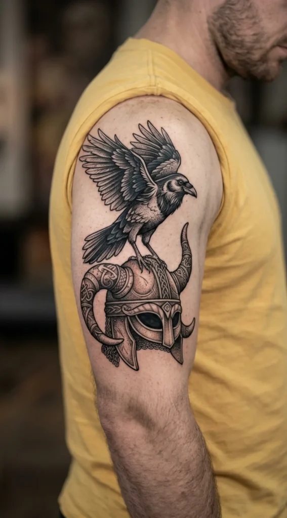 Raven with Viking Helmet Tattoo
