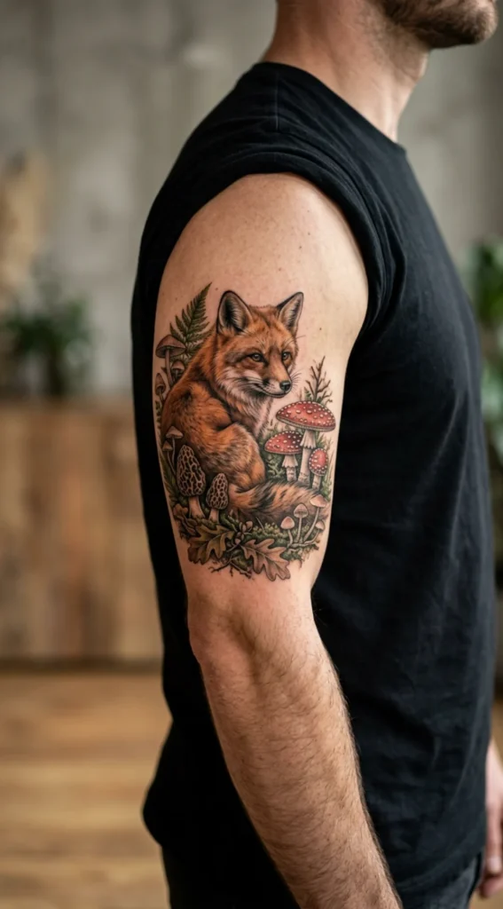 Realistic Fox with Mushrooms