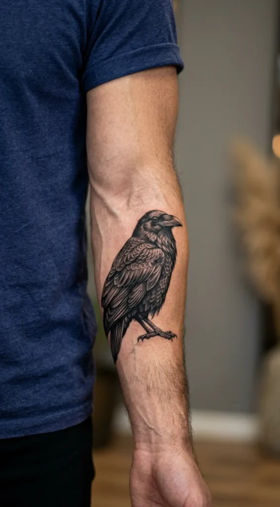 Realistic Raven Forearm Tattoo