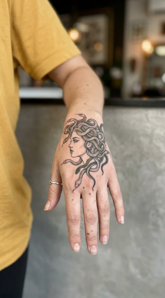 Side-Profile Medusa Hand Tattoo